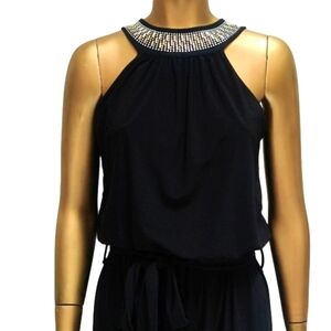 Black EVENING Romper with BEADED Neckline Long Jumpsuit All in One Embellished